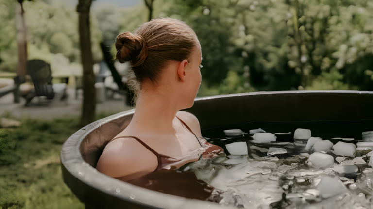 Woman relaxing in an outdoor ice bath